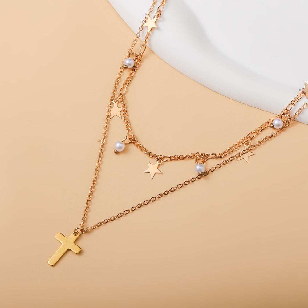 Elegant Vacation Cross Stainless Steel Copper Layered 14k Gold Plated Double Layer Necklaces