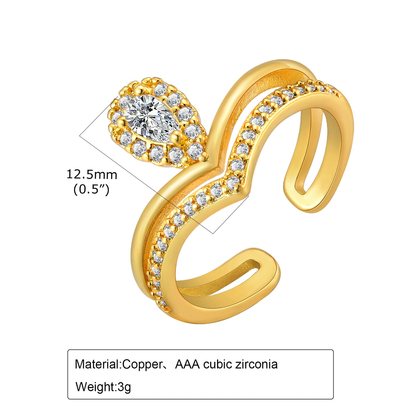 Elegant Simple Style Geometric Copper Plating Inlay Zircon 18k Gold Plated Open Rings