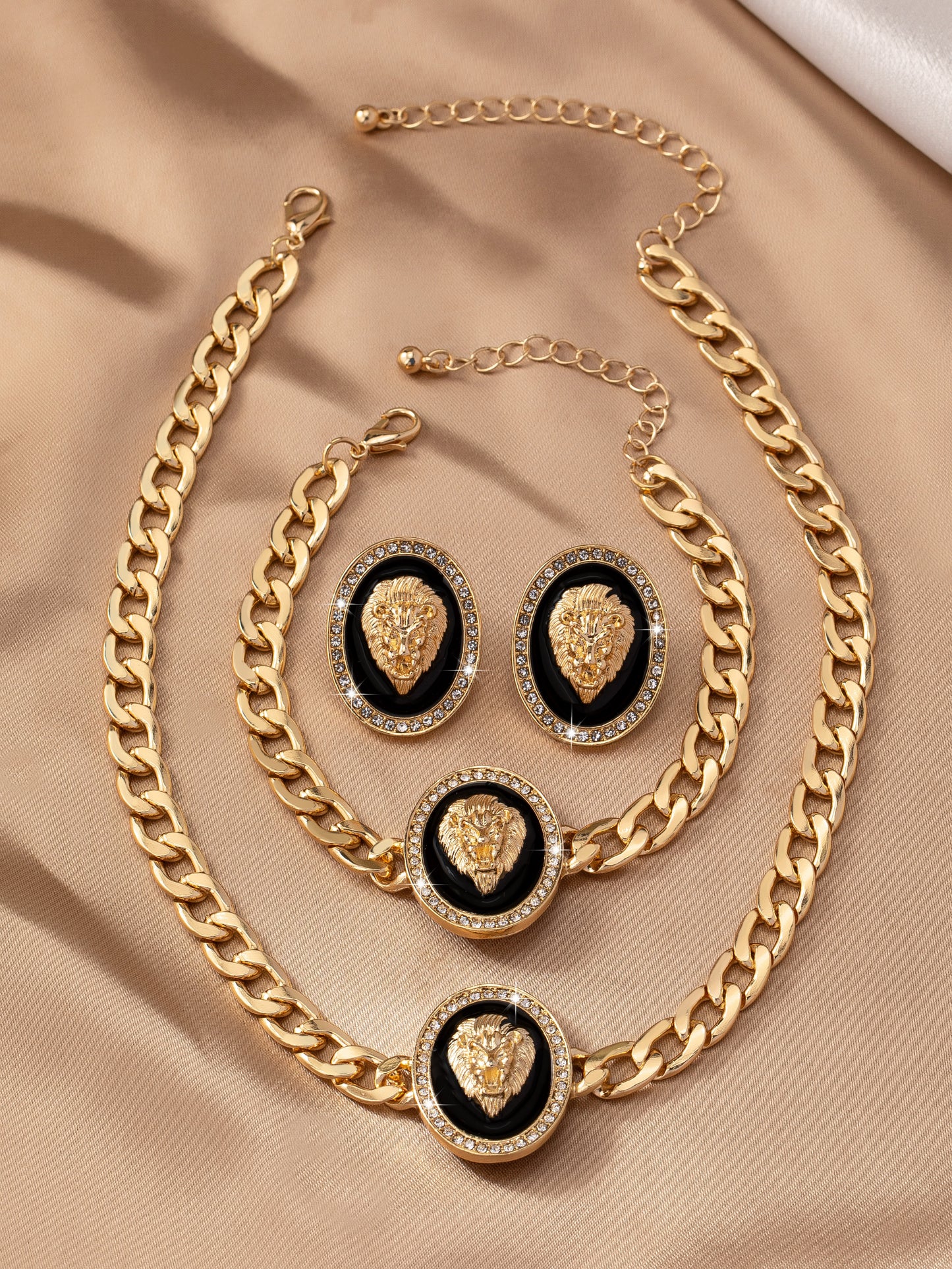 Elegant Luxurious Queen Lion Ferroalloy Plating Inlay Rhinestones Gold Plated Women's Bracelets Earrings Necklace