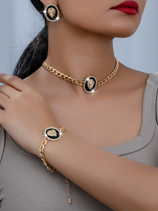 Elegant Luxurious Queen Lion Ferroalloy Plating Inlay Rhinestones Gold Plated Women's Bracelets Earrings Necklace