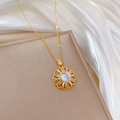 Ig Style Simple Style Flower Titanium Steel Copper Plating Hollow Out Inlay Artificial Gemstones Pendant Necklace