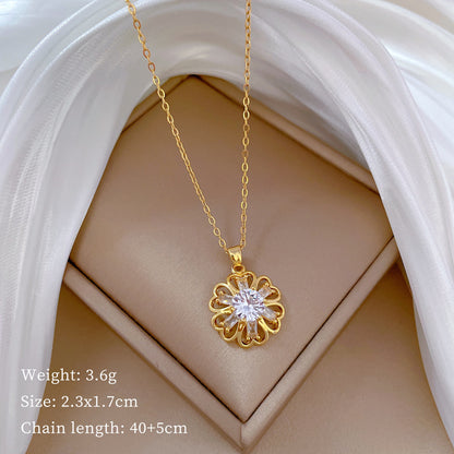 Ig Style Simple Style Flower Titanium Steel Copper Plating Hollow Out Inlay Artificial Gemstones Pendant Necklace