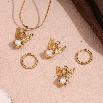 Ig Style Vintage Style Angel Stainless Steel Plating Inlay Artificial Pearls 18k Gold Plated Earrings Necklace