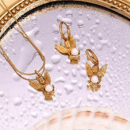 Ig Style Vintage Style Angel Stainless Steel Plating Inlay Artificial Pearls 18k Gold Plated Earrings Necklace