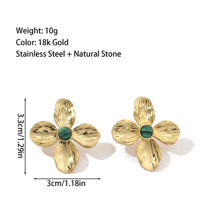 1 Pair Ig Style Flower Plating Inlay Titanium Steel Natural Stone 18k Gold Plated Ear Studs