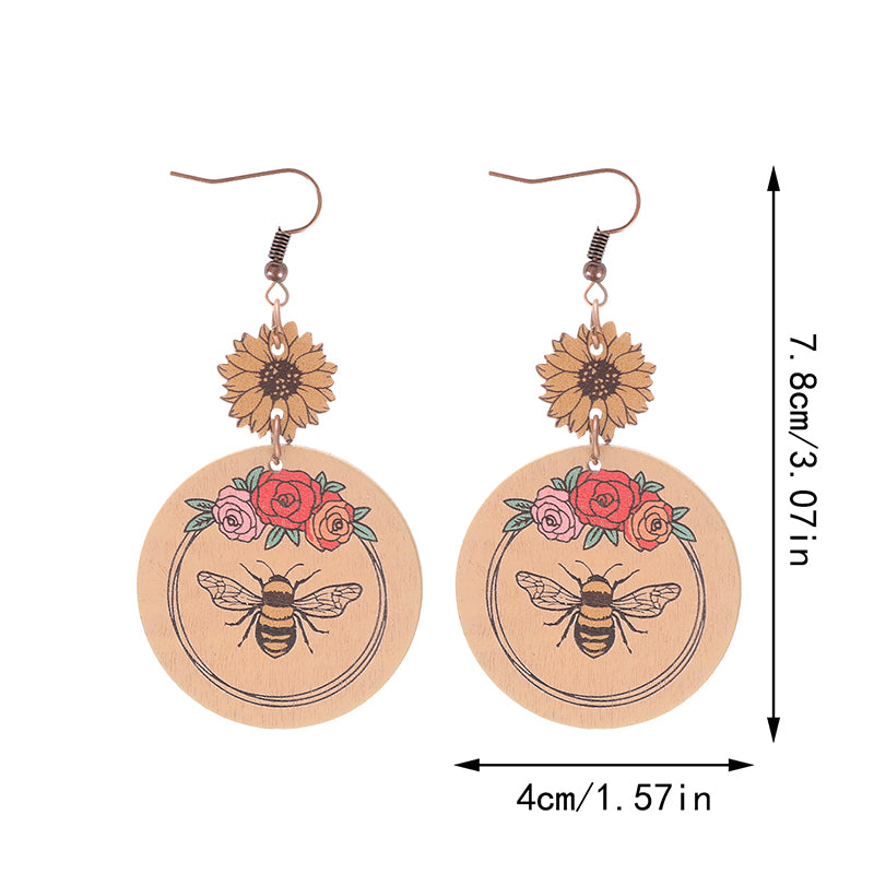 1 Pair Vintage Style Flower Bee Butterfly Wood Drop Earrings