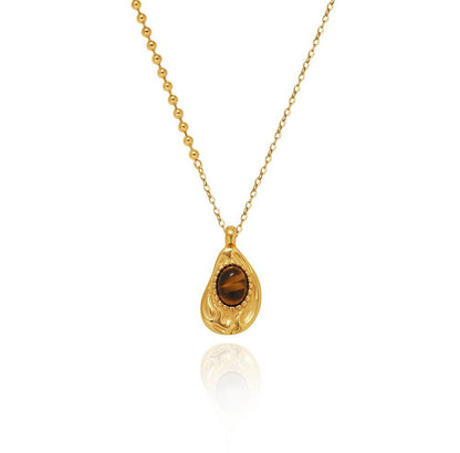 Elegant Vintage Style Water Droplets Stainless Steel Plating Inlay Tiger Eye 18k Gold Plated Pendant Necklace