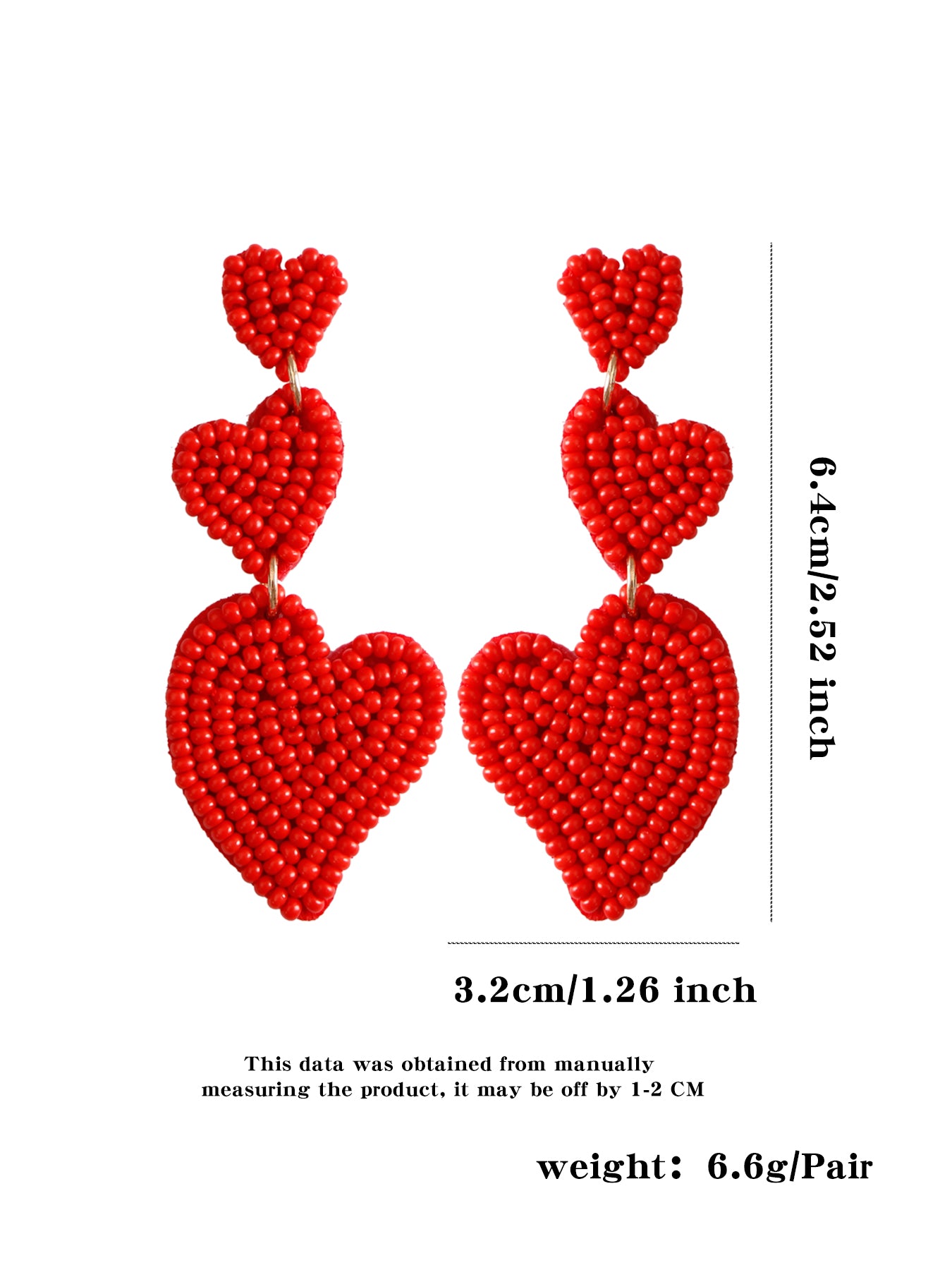 1 Pair Romantic Sweet Heart Shape Handmade Beaded Drop Earrings