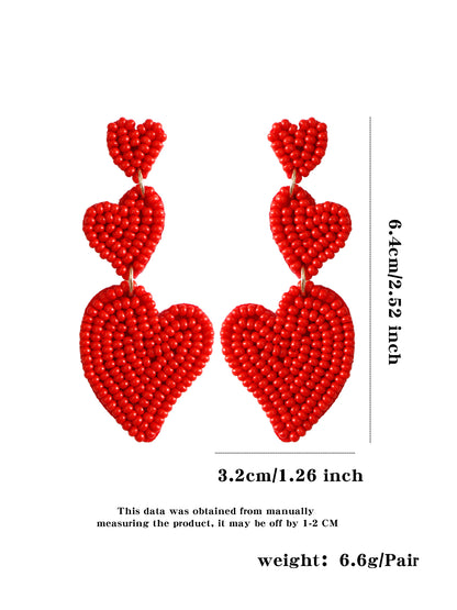 1 Pair Romantic Sweet Heart Shape Handmade Beaded Drop Earrings