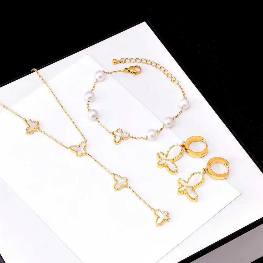 Fashion Butterfly Titanium Steel Inlay Artificial Pearls Shell Bracelets Necklace