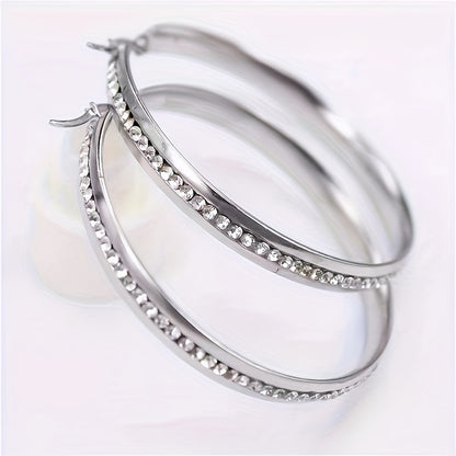 1 Pair Punk Solid Color Plating Inlay Stainless Steel Rhinestones 18k Gold Plated Hoop Earrings