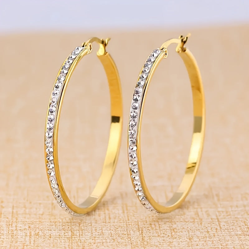 1 Pair Punk Solid Color Plating Inlay Stainless Steel Rhinestones 18k Gold Plated Hoop Earrings