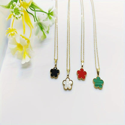 Retro Vintage Style Punk Flower Stainless Steel Metal Plating Inlay Shell 18k Gold Plated Pendant Necklace