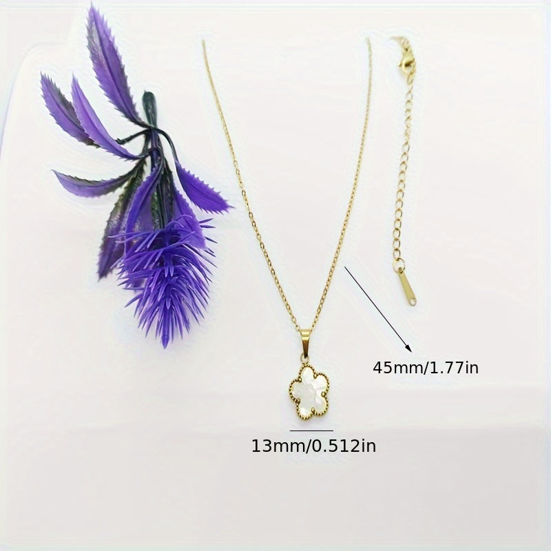 Retro Vintage Style Punk Flower Stainless Steel Metal Plating Inlay Shell 18k Gold Plated Pendant Necklace