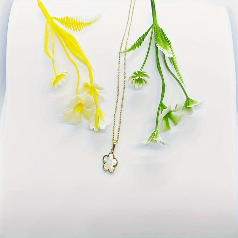 Retro Vintage Style Punk Flower Stainless Steel Metal Plating Inlay Shell 18k Gold Plated Pendant Necklace