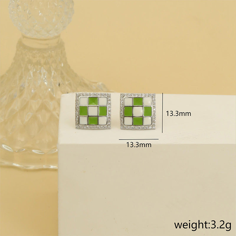 1 Pair Simple Style Square Lattice Enamel Plating Inlay Copper Zircon White Gold Plated Ear Studs