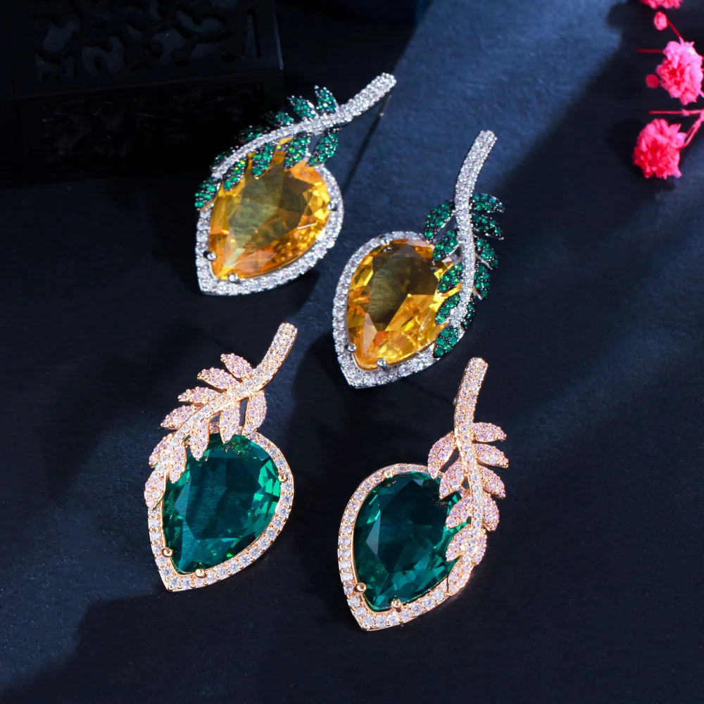 1 Pair IG Style Shiny Leaves Water Droplets Inlay Copper Zircon White Gold Plated Drop Earrings