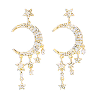 1 Pair Glam Exaggerated Pentagram Moon Plating Inlay Alloy Rhinestones Drop Earrings