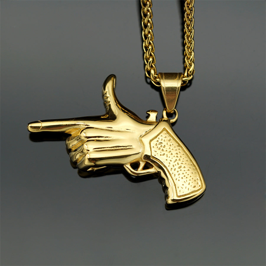 Funny Novelty Hand Pistol Stainless Steel Plating 18k Gold Plated Unisex Pendant Necklace