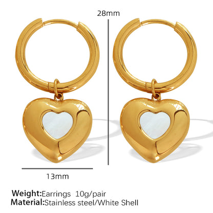 Elegant Formal Simple Style Heart Shape Titanium Steel Plating Inlay Shell 18k Gold Plated Earrings Necklace