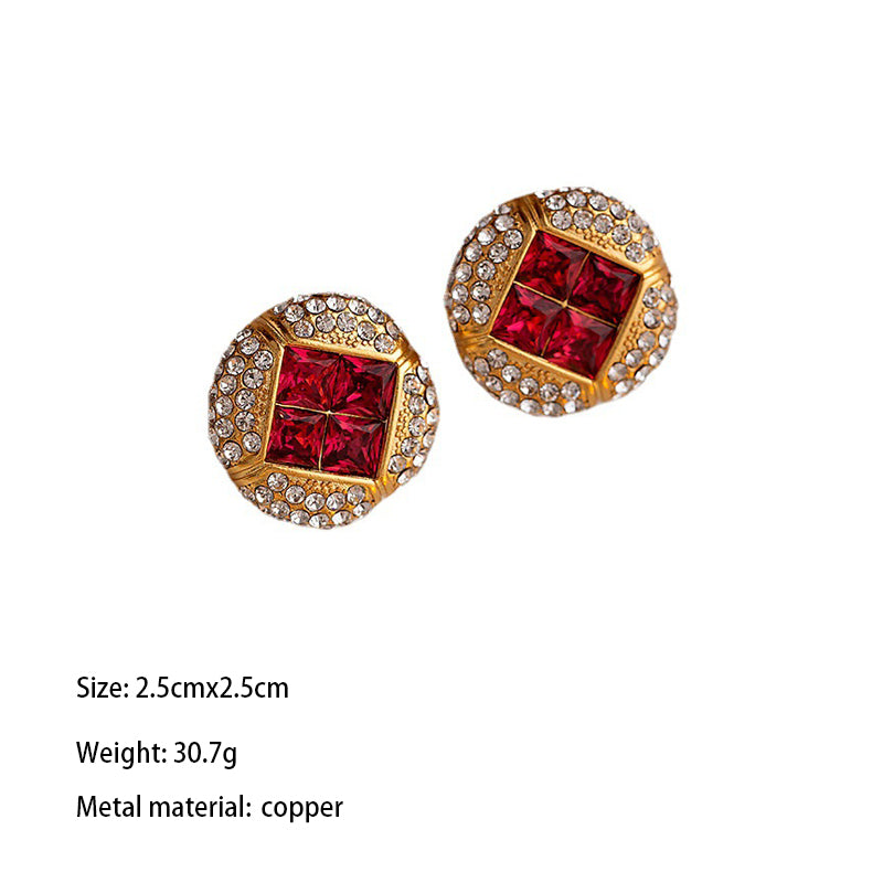 1 Pair Elegant Retro Round Square Plating Inlay Copper Rhinestones 18k Gold Plated Ear Studs