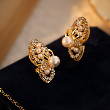 1 Pair Elegant Retro Sweet Butterfly Plating Inlay Copper Artificial Pearls Rhinestones 18k Gold Plated Ear Studs