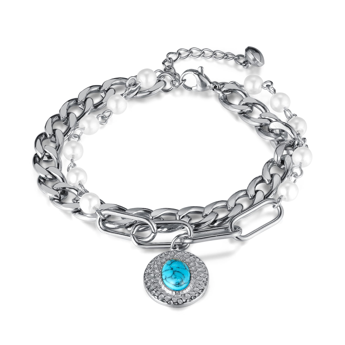 Luxurious Modern Style Commute Round Stainless Steel Imitation Pearl Inlay Turquoise Bracelets