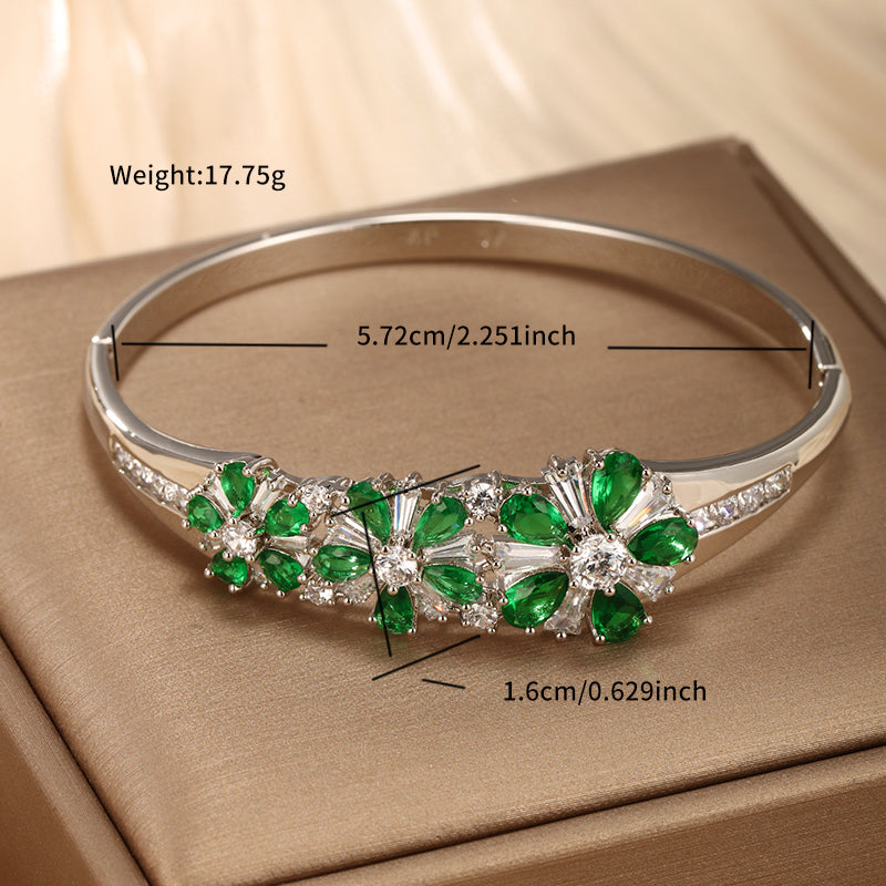 Glam Retro Flower Copper Alloy Plating Inlay Artificial Gemstones White Gold Plated Women's Bangle