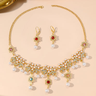 Luxurious Solid Color Alloy Plating Inlay Rhinestones Pearl Gold Plated Women's Jewelry Set