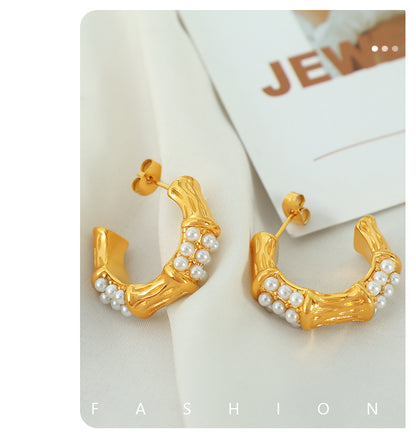 1 Pair Elegant Vintage Style C Shape Bamboo Plating Inlay Copper Artificial Pearls Artificial Diamond 18k Gold Plated Ear Studs