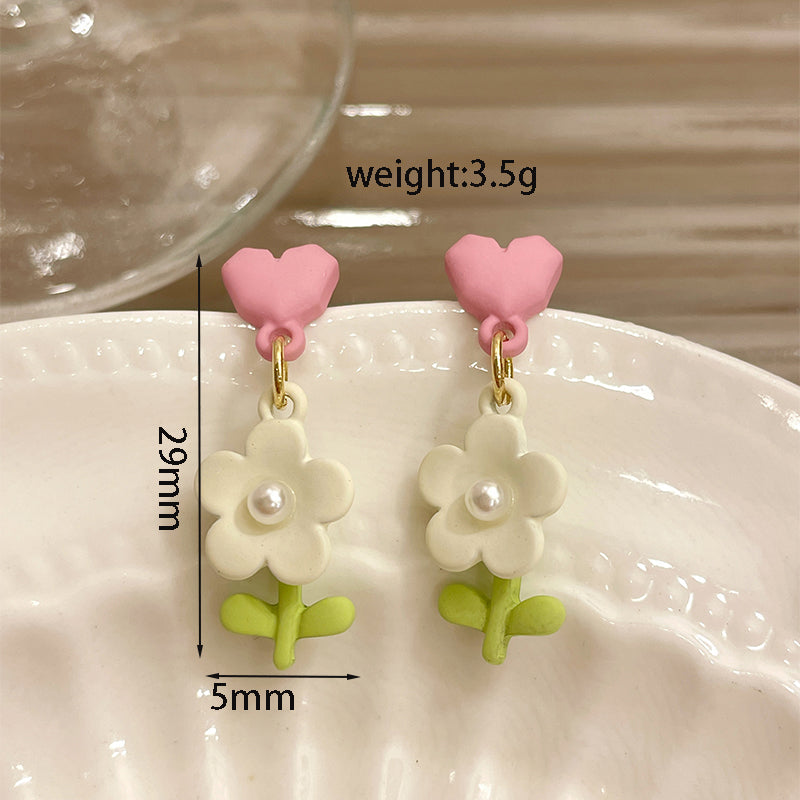 1 Pair Cute Sweet Flower Stoving Varnish Inlay Alloy Artificial Pearls Drop Earrings