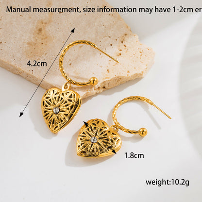 1 Pair Ig Style Retro Heart Shape Plating Inlay Stainless Steel Zircon 18k Gold Plated Drop Earrings