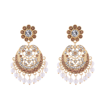 1 Pair Elegant Retro Flower Tassel Pearl Inlay Alloy Rhinestones Drop Earrings