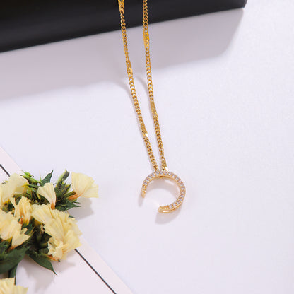 Elegant Shiny C Shape Triangle Oval Stainless Steel Copper Plating Inlay Zircon 18k Gold Plated Pendant Necklace