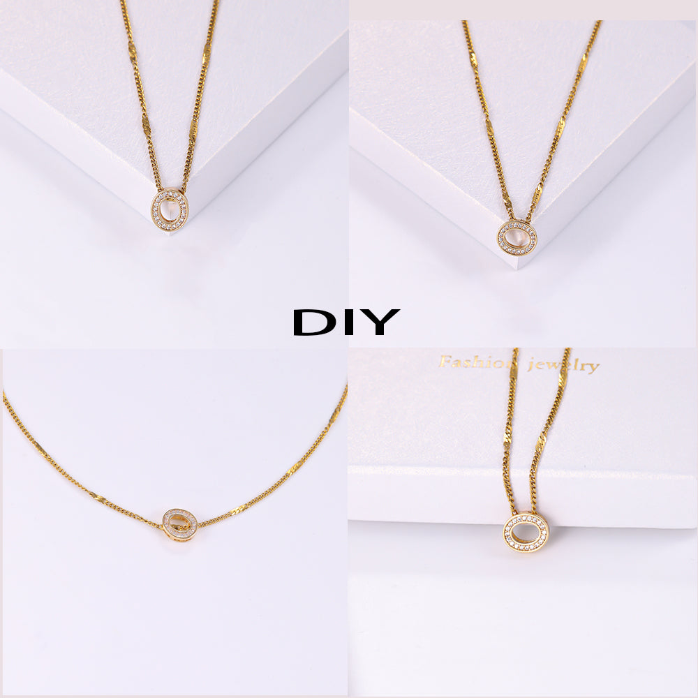 Elegant Shiny C Shape Triangle Oval Stainless Steel Copper Plating Inlay Zircon 18k Gold Plated Pendant Necklace