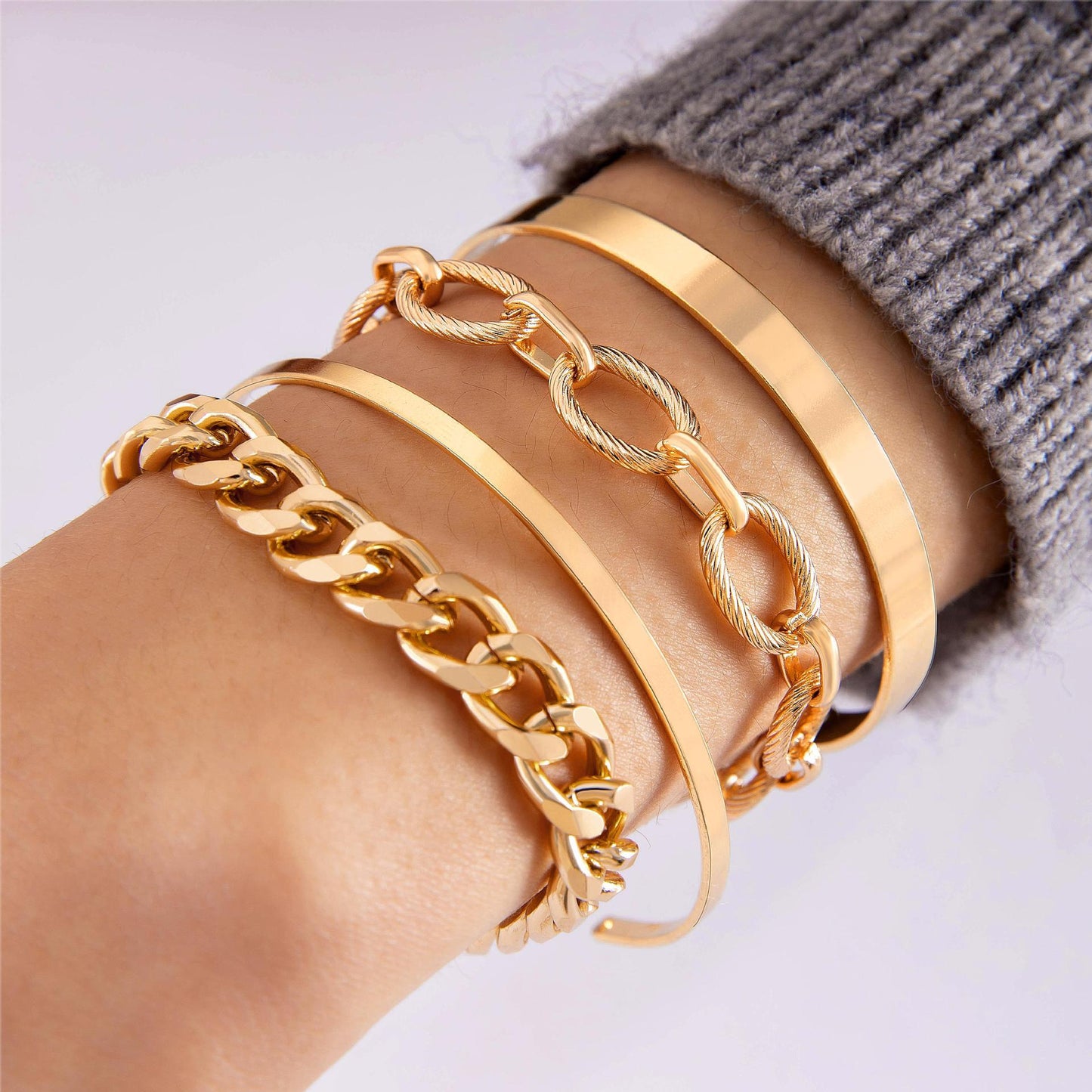 Simple Thick Chain Geometric Leaf Airplane Bracelet 4 Piece Set