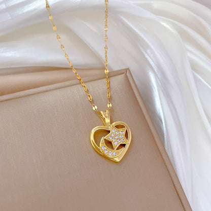 Simple Style Star Moon Heart Shape Titanium Steel Copper Plating Inlay Artificial Gemstones Pendant Necklace