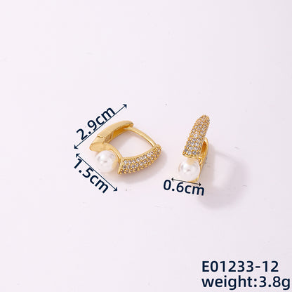 1 Piece Simple Style Flower Copper Pearl Zircon Hoop Earrings