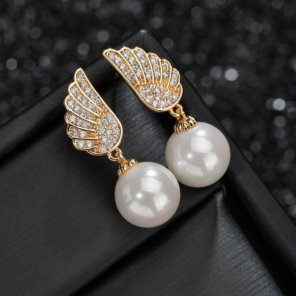 1 Pair Elegant Simple Style Wings Copper Alloy Pearl Zircon Drop Earrings