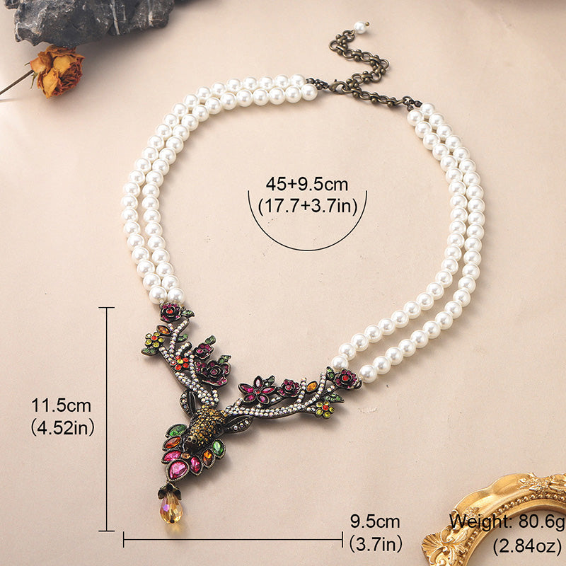 Elegant Vintage Style Luxurious Deer Copper Plating Inlay Rhinestones Freshwater Pearl Glass Necklace