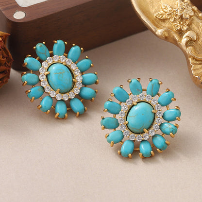 1 Pair French Style Oval Flower Plating Hollow Out Inlay Copper Turquoise  Zircon 18k Middle Ancient Gold Earrings Ear Studs