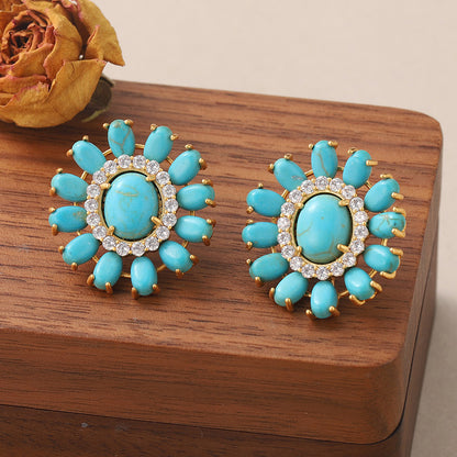 1 Pair French Style Oval Flower Plating Hollow Out Inlay Copper Turquoise  Zircon 18k Middle Ancient Gold Earrings Ear Studs