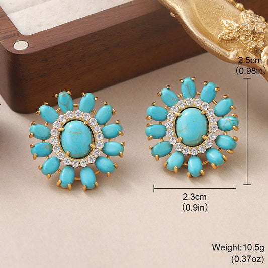 1 Pair French Style Oval Flower Plating Hollow Out Inlay Copper Turquoise  Zircon 18k Middle Ancient Gold Earrings Ear Studs