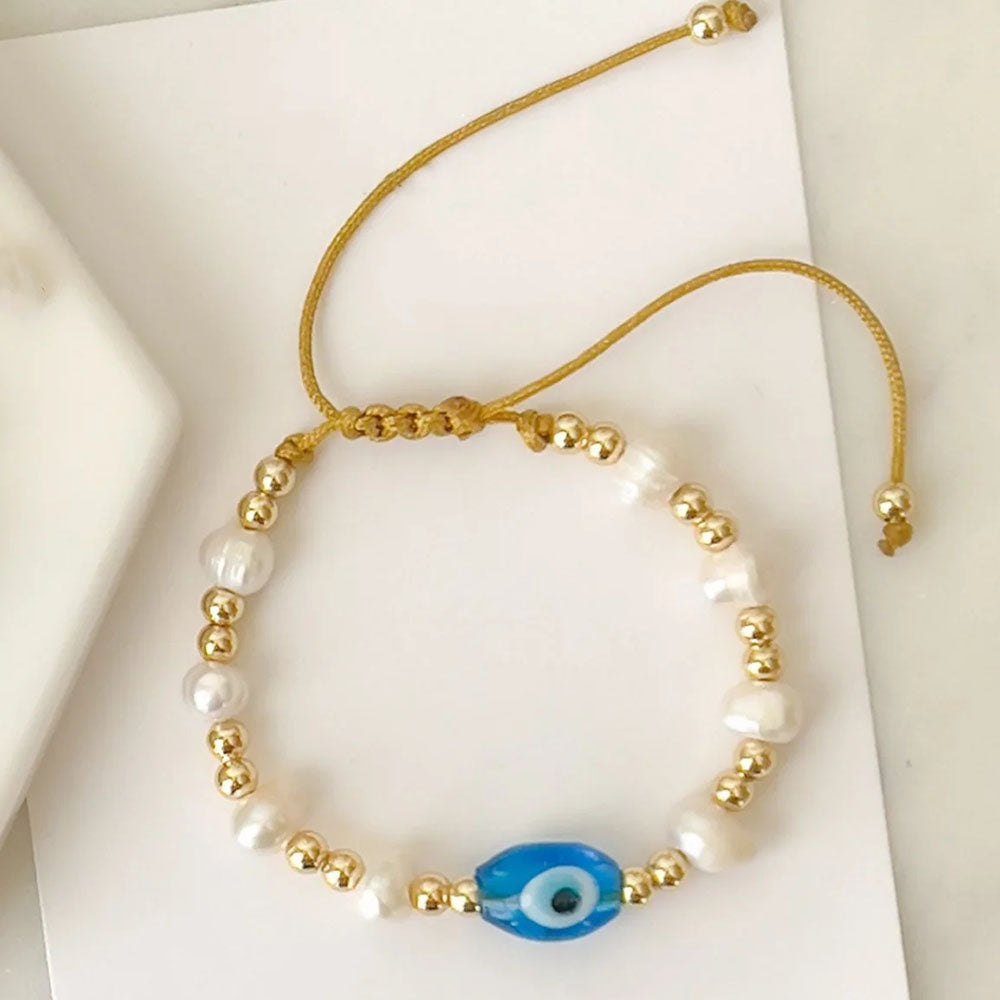 IG Style Devil's Eye Freshwater Pearl Copper Beaded Knitting Unisex Drawstring Bracelets
