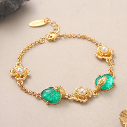 French Style Flower Copper Plating Inlay Resin Pearl 18k Middle Ancient Gold Bracelets
