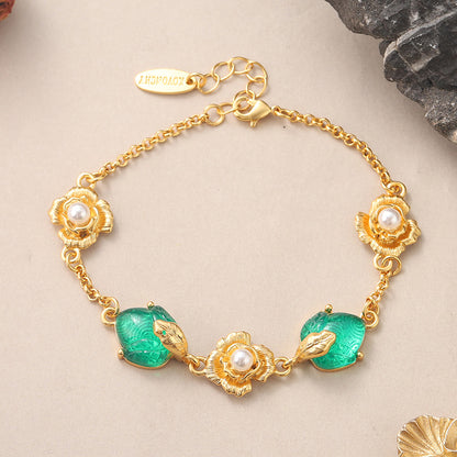 French Style Flower Copper Plating Inlay Resin Pearl 18k Middle Ancient Gold Bracelets