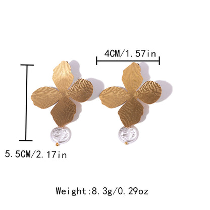 1 Pair Elegant Classical Flower Plating Inlay Stainless Steel Shell Gold Plated Drop Earrings