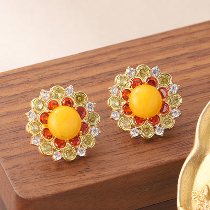 1 Pair Simple Style Sun Flower Inlay Copper Natural Stone Zircon Ear Studs