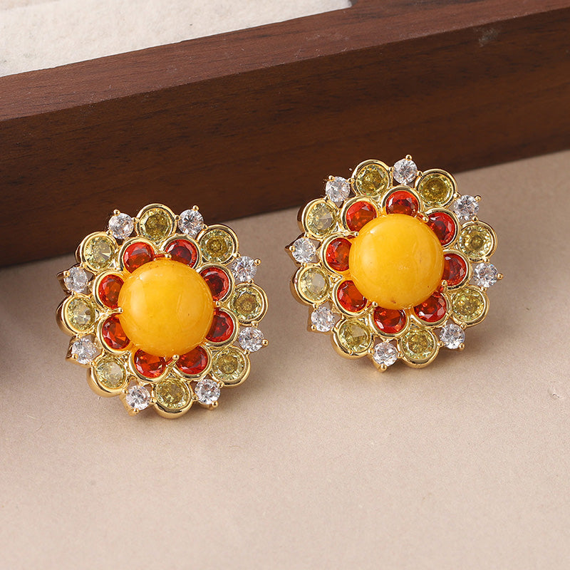 1 Pair Simple Style Sun Flower Inlay Copper Natural Stone Zircon Ear Studs