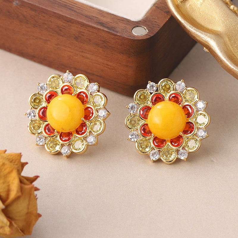 1 Pair Simple Style Sun Flower Inlay Copper Natural Stone Zircon Ear Studs